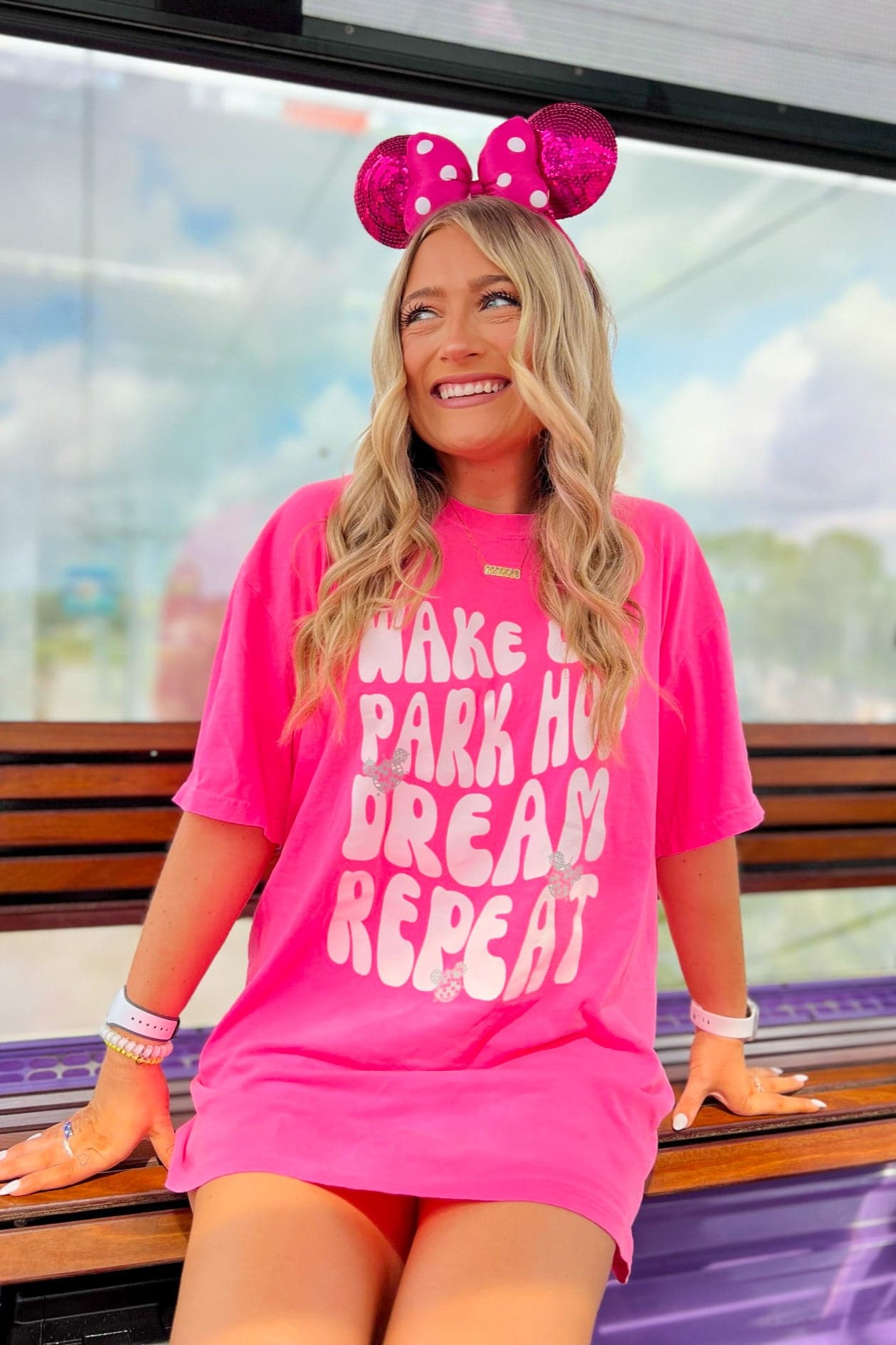 Neon Pink / SM Wake Up. Park Hop. Dream. Repeat Retro Graphic Tee - kitchencabinetmagic