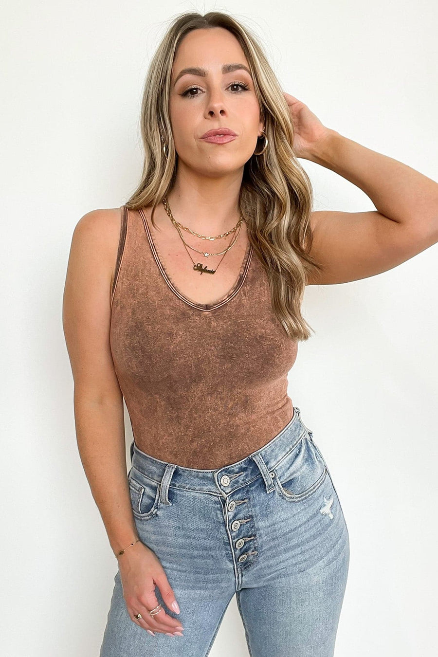 Rust Brown / S Adellie Acid Wash V-Neck Bodysuit - kitchencabinetmagic