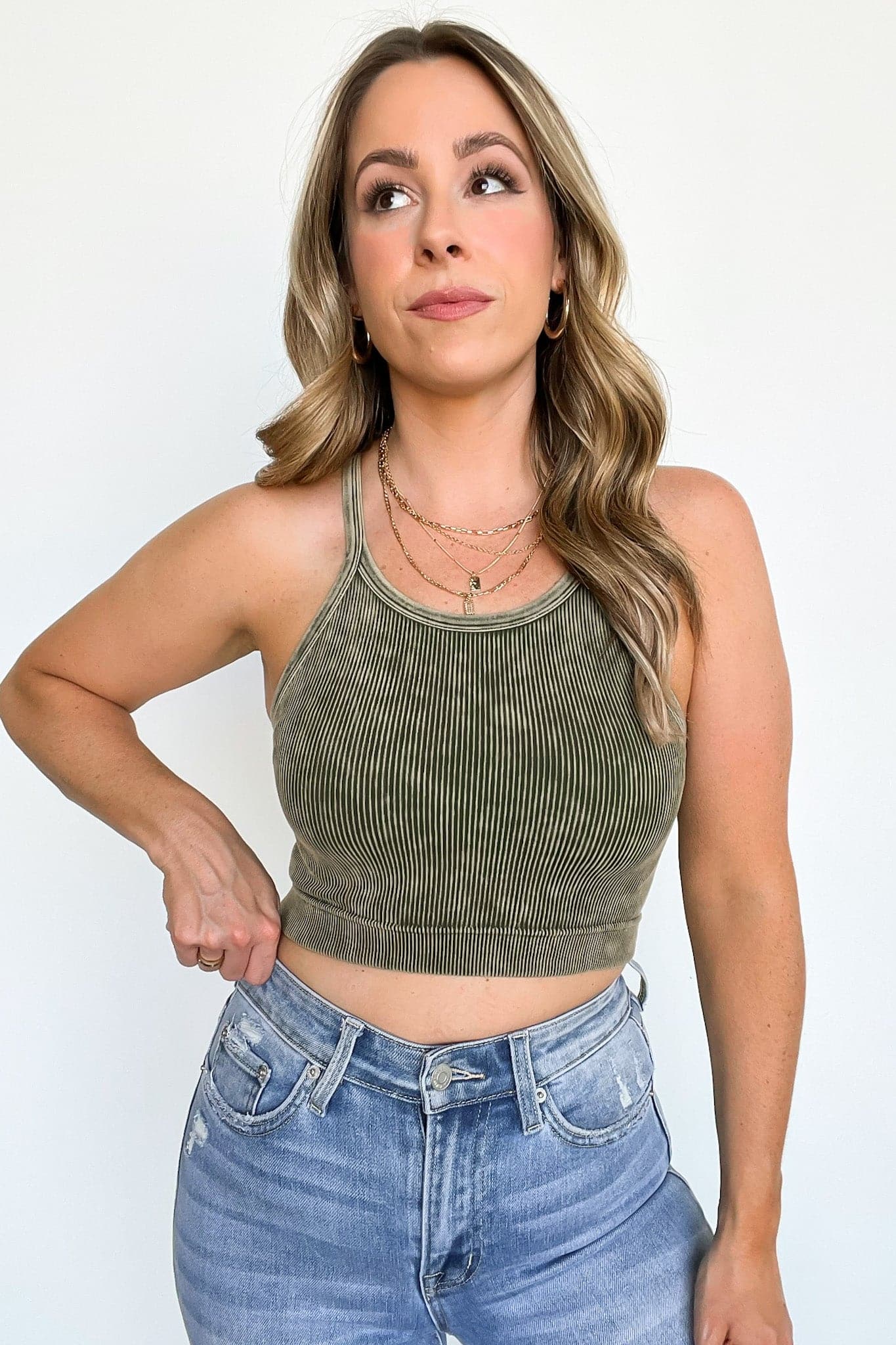 Dark Olive / SM Aimara Washed Ribbed Seamless Cropped Top - BACK IN STOCK - kitchencabinetmagic