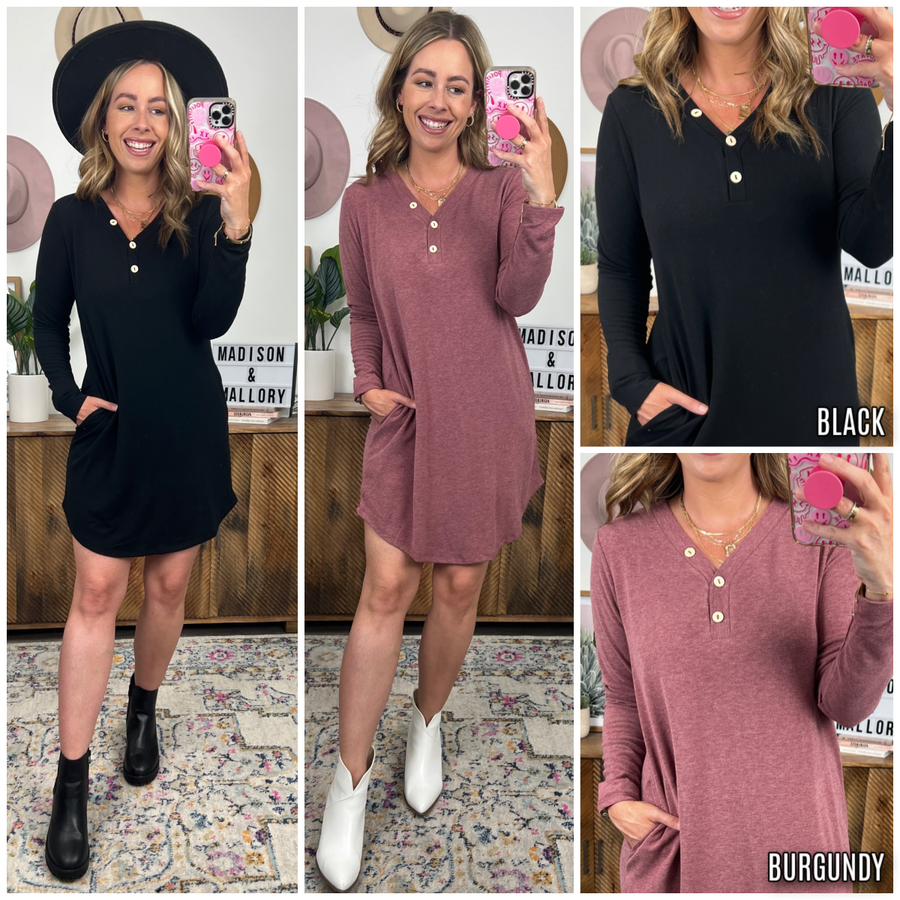  Aletris Long Sleeve Henley Dress - FINAL SALE - kitchencabinetmagic