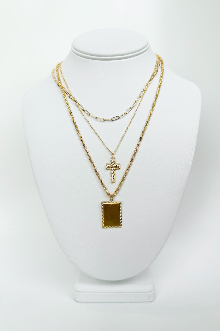 Gold Alluring Admiration Cross and Tag Layered Necklace - kitchencabinetmagic