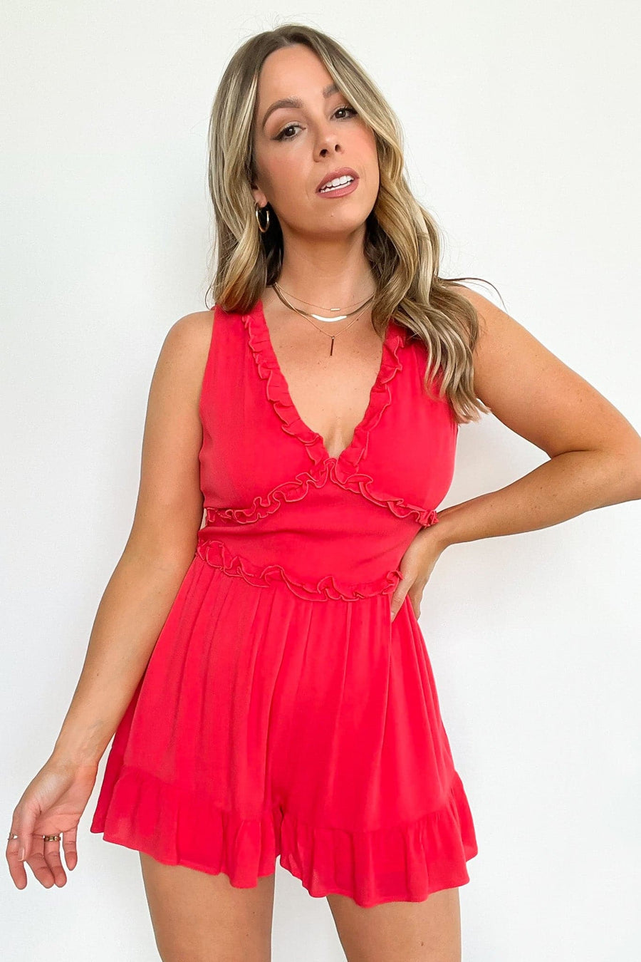 S / Tomato Amiah V-Neck Ruffle Detail Romper - BACK IN STOCK - kitchencabinetmagic