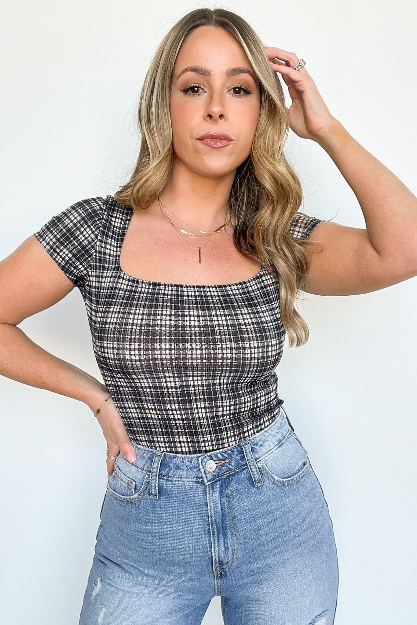  Beckie Plaid Short Sleeve Bodysuit - kitchencabinetmagic