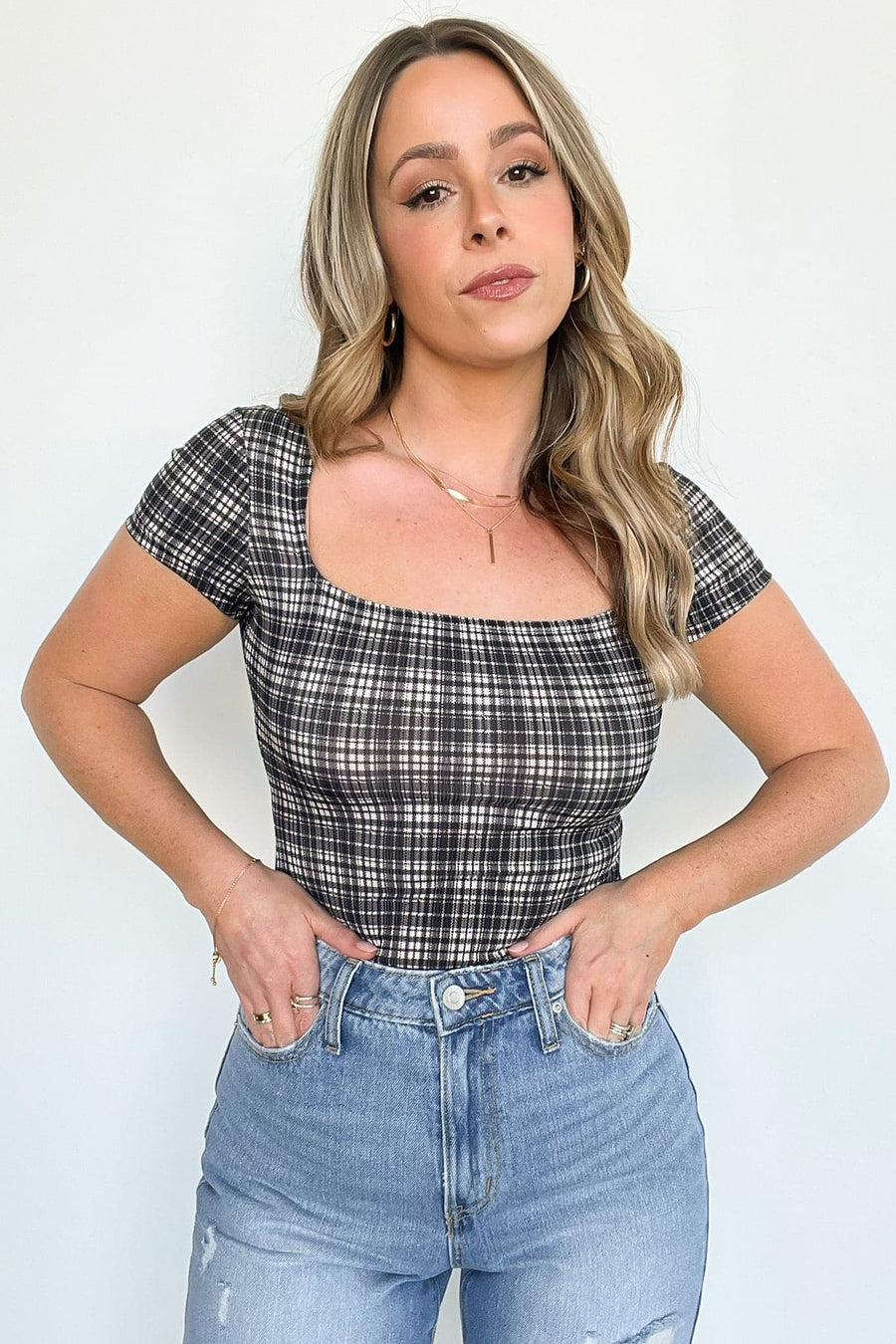 S / Cream/Black Beckie Plaid Short Sleeve Bodysuit - kitchencabinetmagic