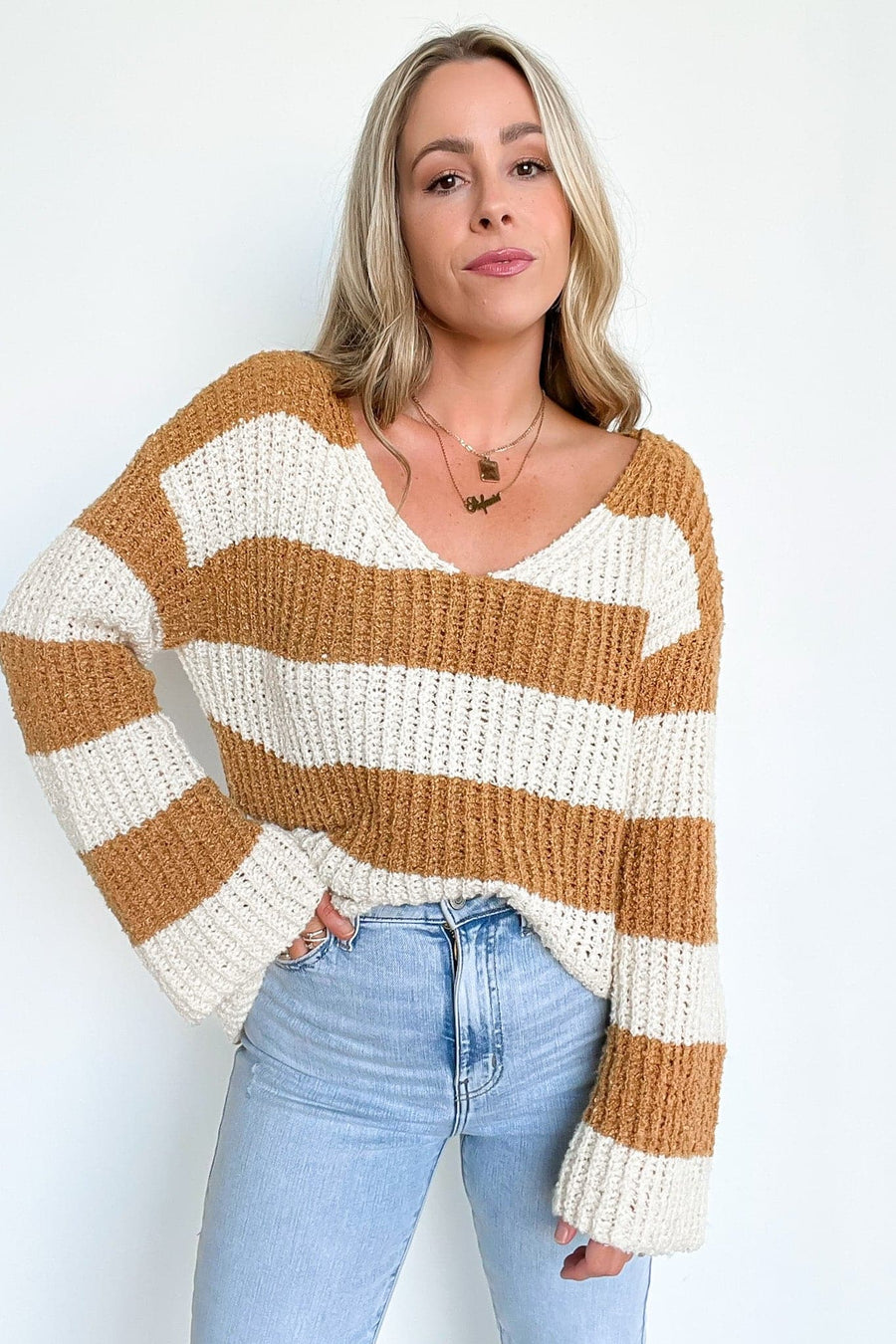 Camel/Beige / S Best Harvest Striped Bell Sleeve Sweater - FINAL SALE - kitchencabinetmagic