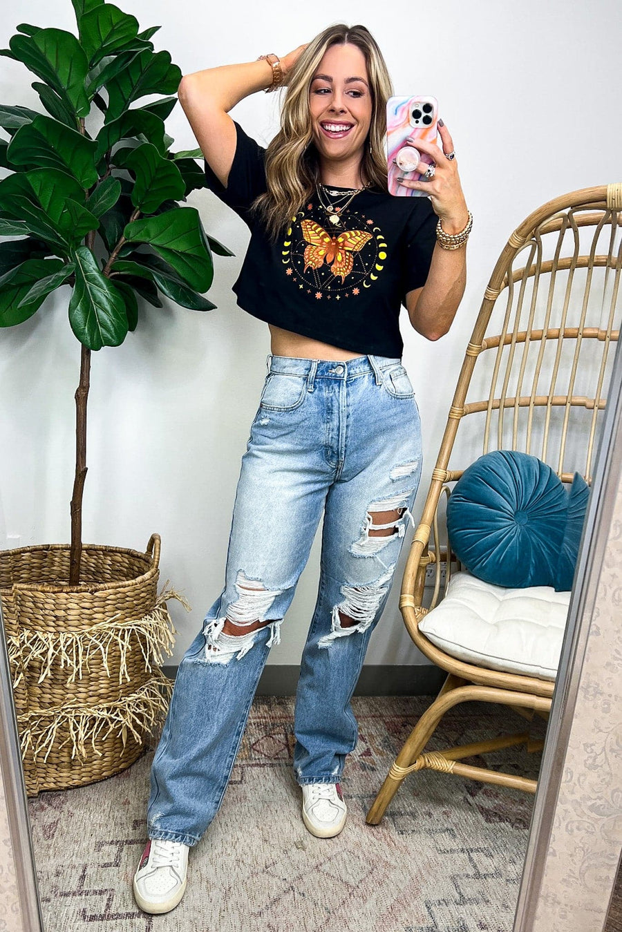  Butterfly Sun and Moon Graphic Cropped Tee - FINAL SALE - kitchencabinetmagic