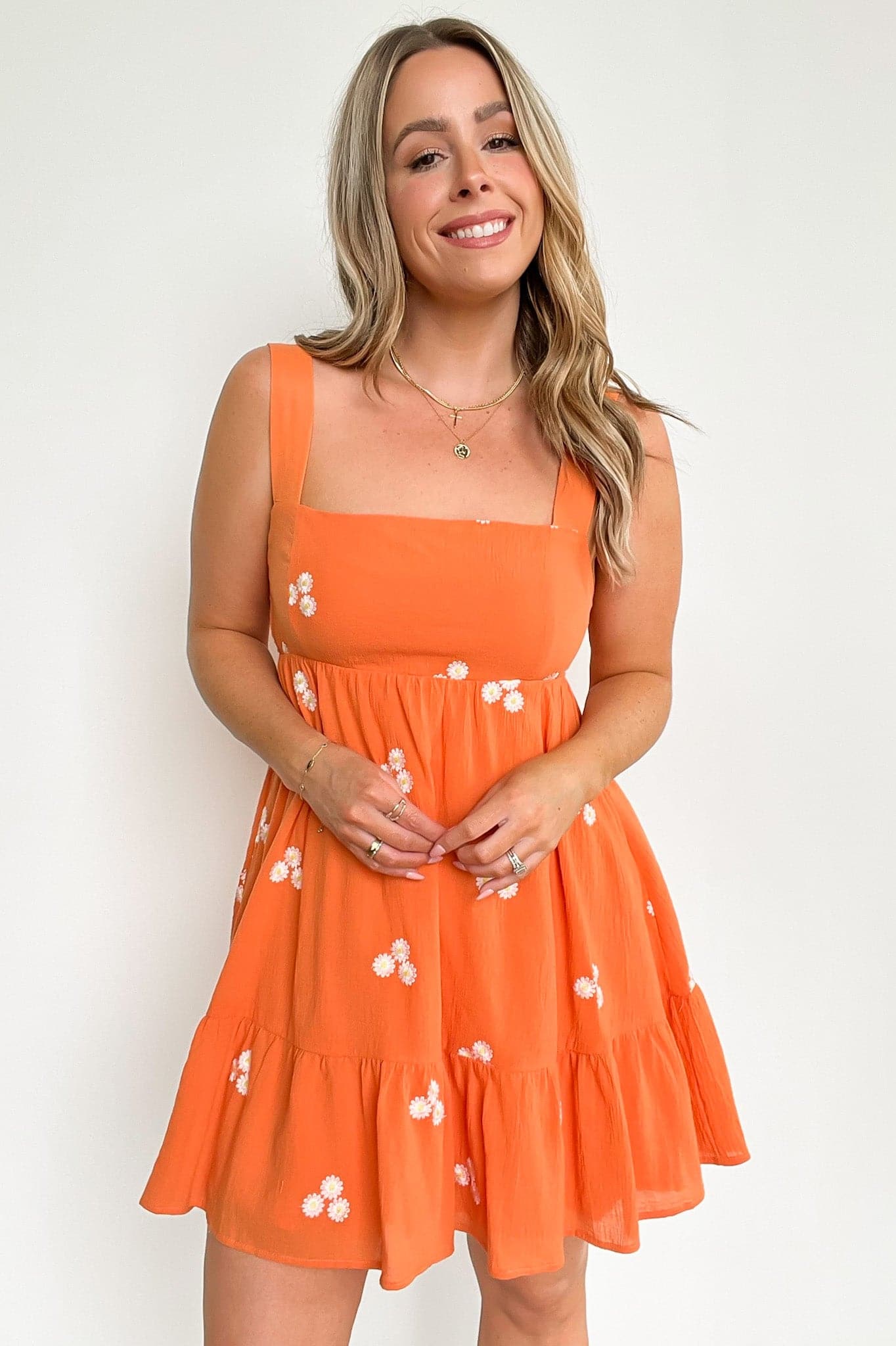 S / Orange Chasing Daisies Embroidered Tiered Dress - FINAL SALE - kitchencabinetmagic