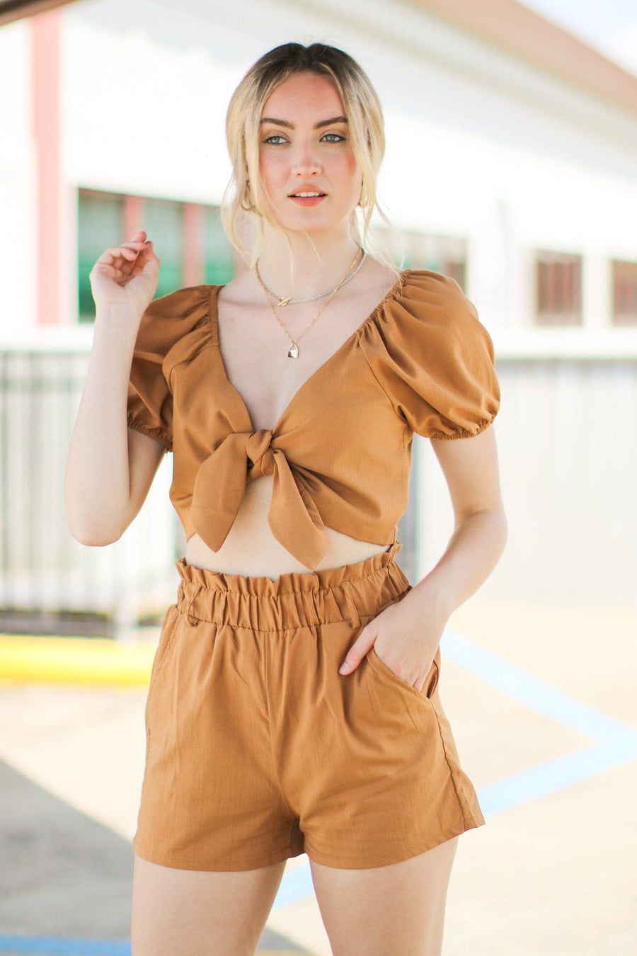 S / Brown Come Drift Away Tie Front Ruffle Top and Shorts Set - FINAL SALE - kitchencabinetmagic