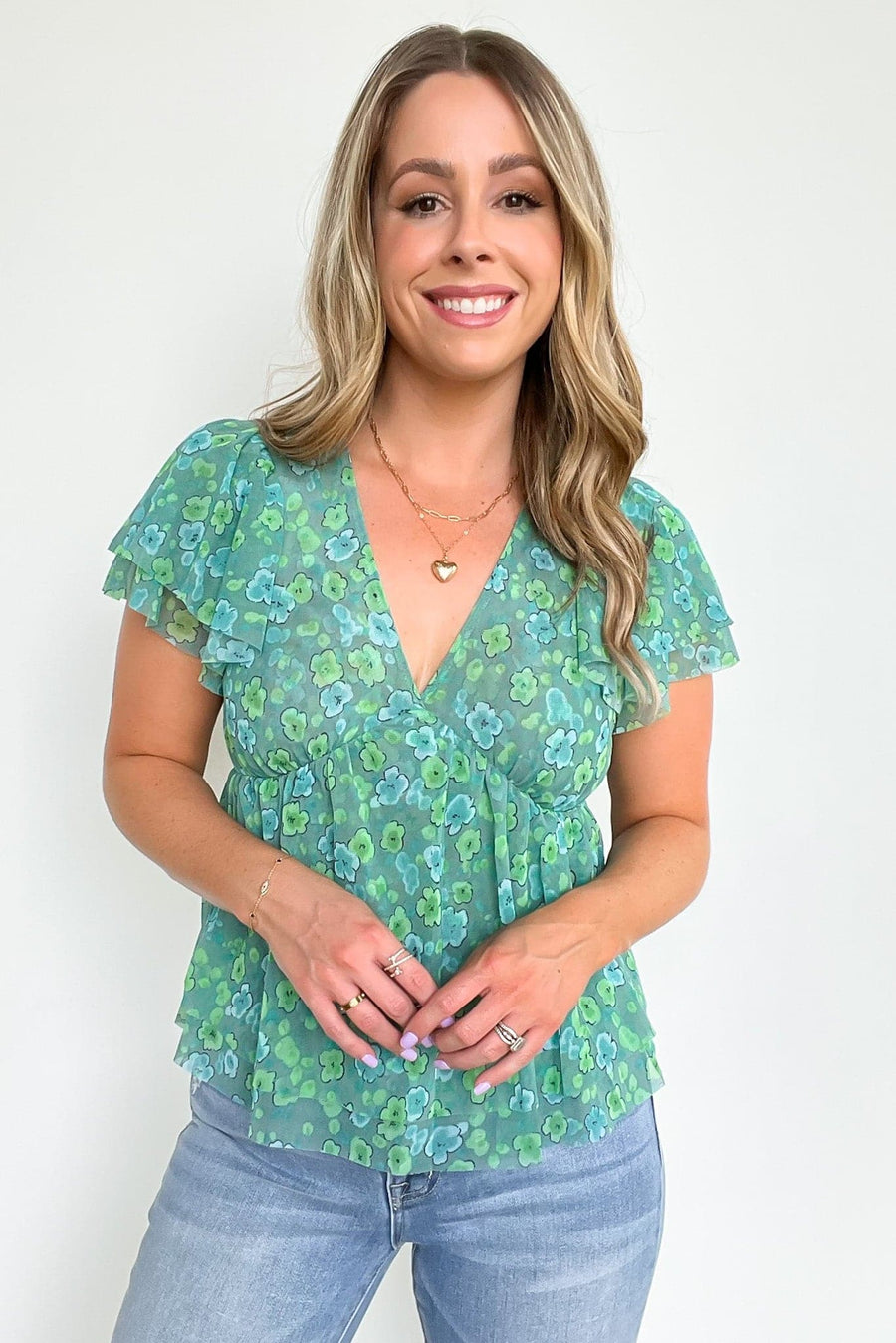 S / Green Confident Approach V-Neck Ruffle Floral Top - kitchencabinetmagic