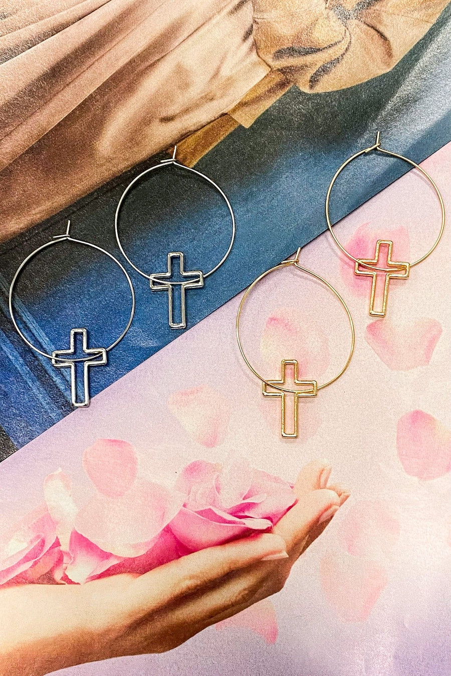 Gold Contentment Cross Hoop Earrings - FINAL SALE - kitchencabinetmagic