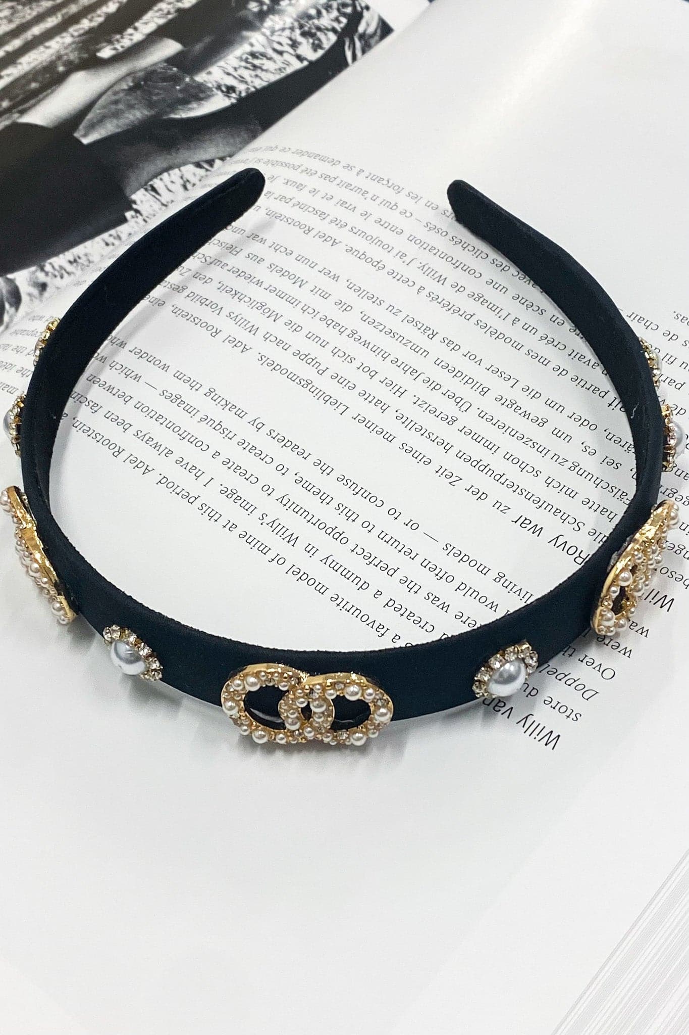 Gold/Clear/Black Crowning Glory Double Circle Pearl Accent Headband - FINAL SALE - kitchencabinetmagic