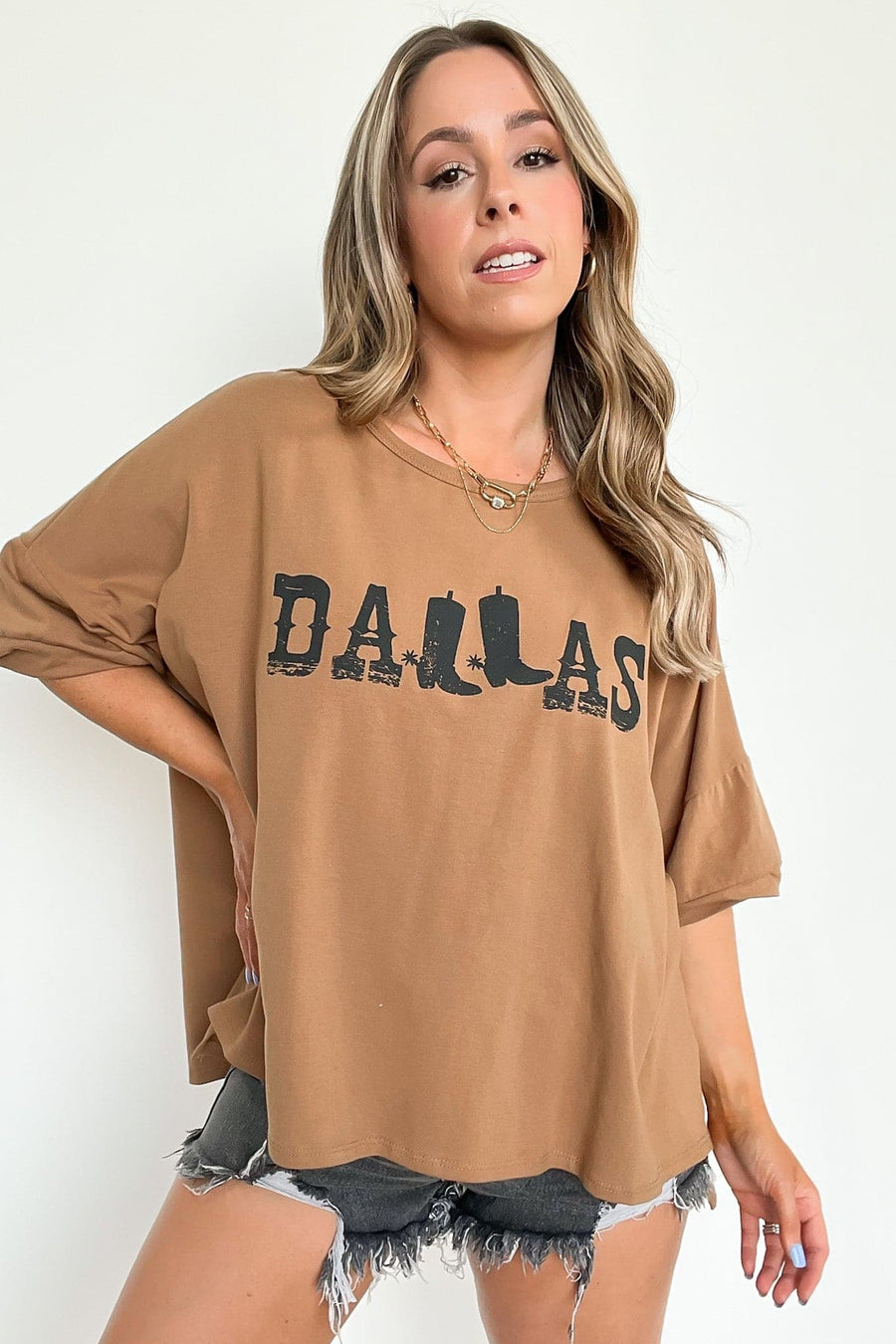 S / Camel Dallas Cowboy Boot Graphic Relaxed Tee - BACK IN STOCK - kitchencabinetmagic