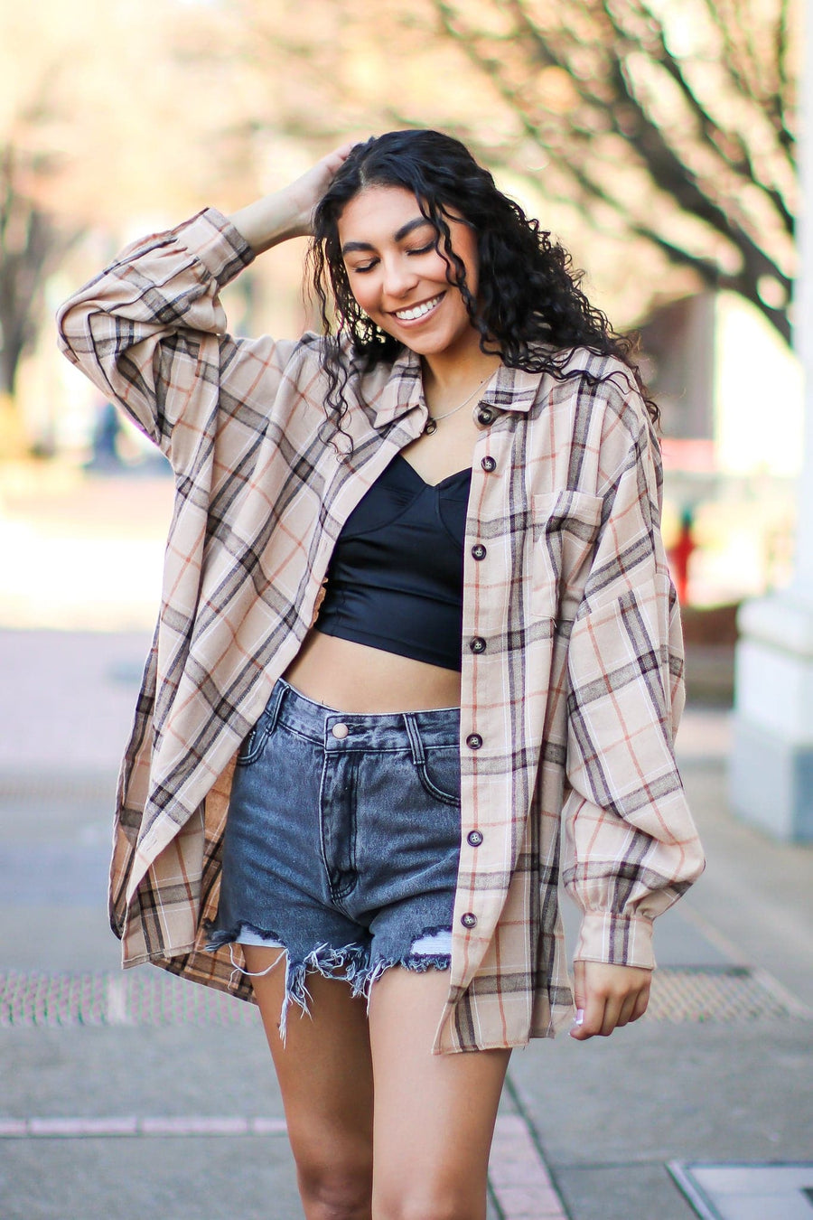 Taupe / S Dareen Plaid Oversized Button Down Shacket - FINAL SALE - kitchencabinetmagic