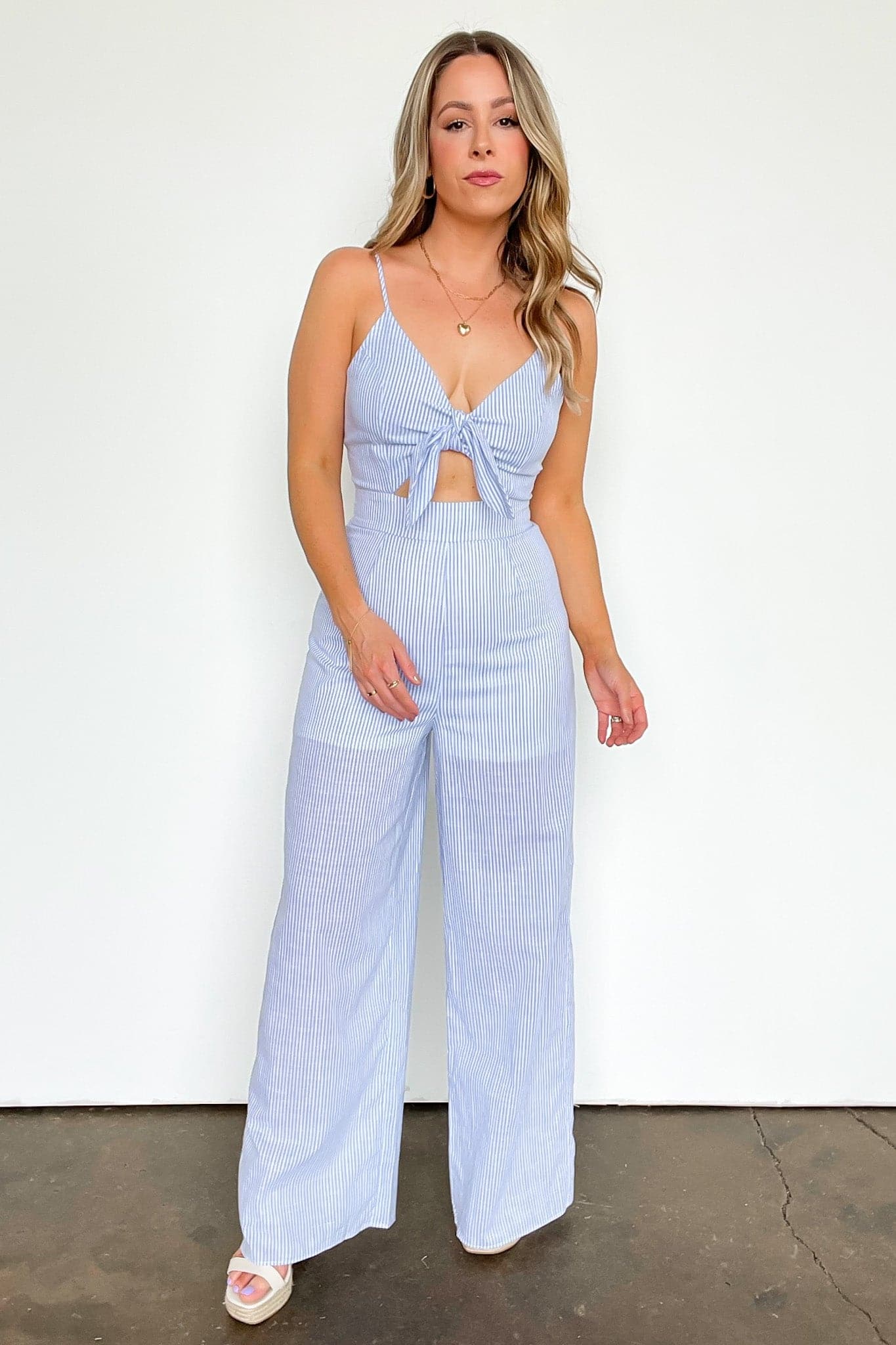  Darling Day Striped Cutout Tie Front Jumpsuit - kitchencabinetmagic