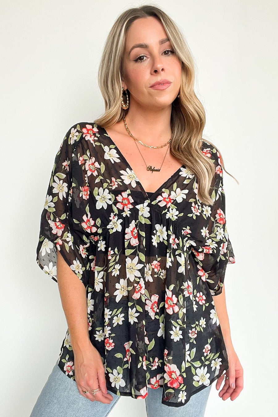 S / Black Deliah Floral Swiss Dot Babydoll Top | CURVE - kitchencabinetmagic