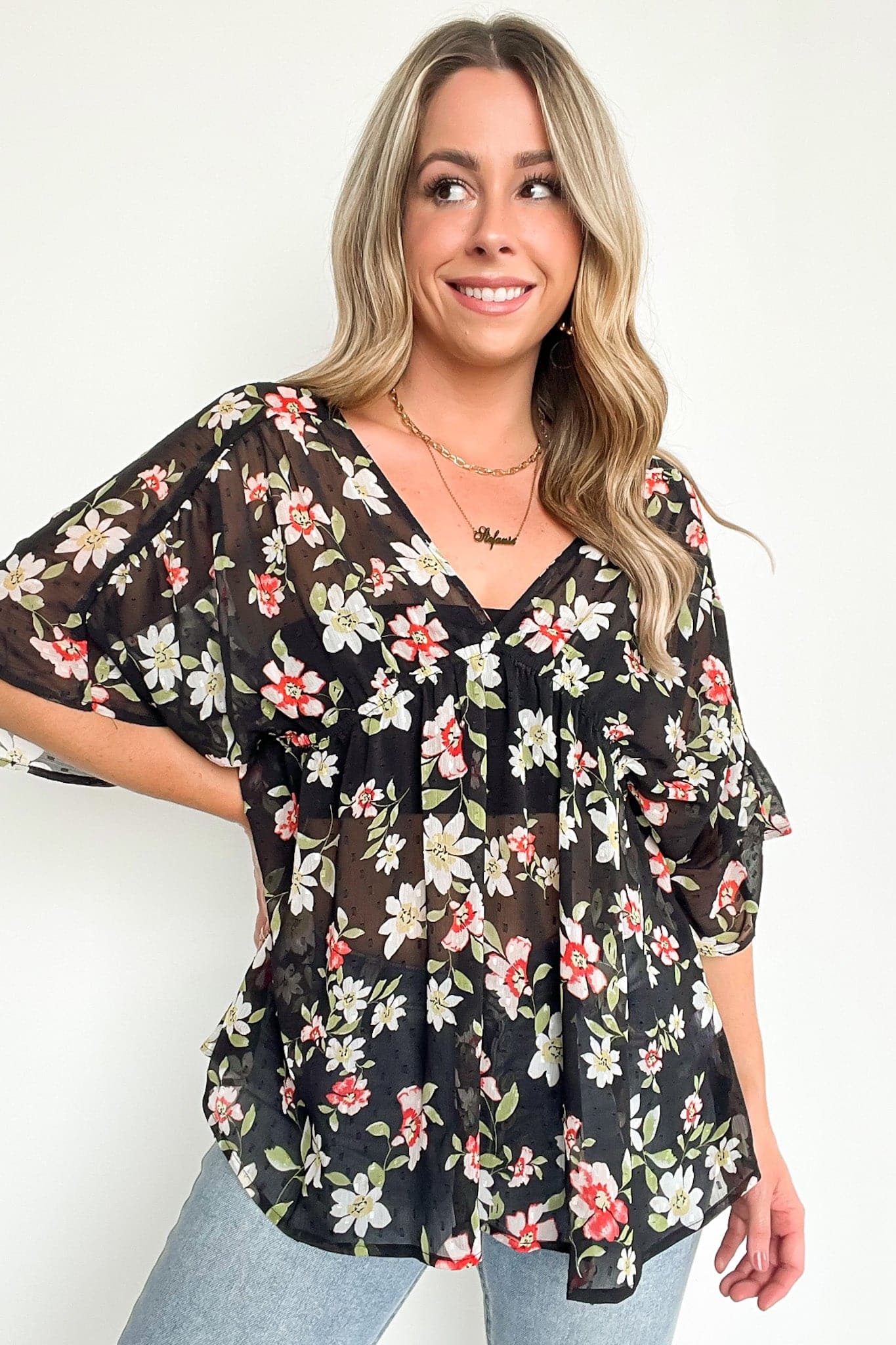  Deliah Floral Swiss Dot Babydoll Top | CURVE - kitchencabinetmagic