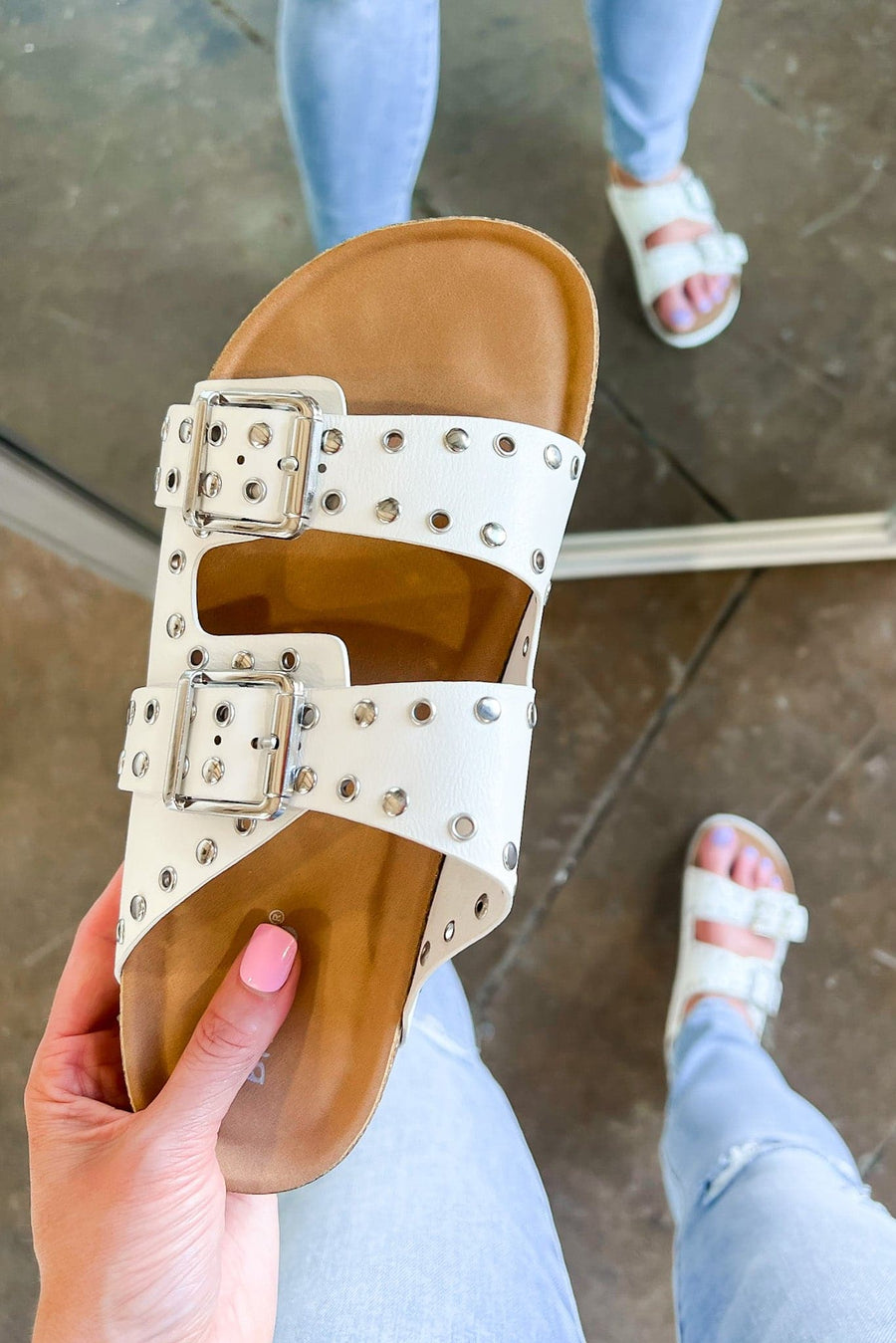 5 / White Dilone Studded Strappy Footbed Sandals - kitchencabinetmagic