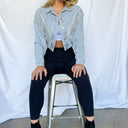  Dodge City Rhinestone Fringe Trim Denim Jacket - kitchencabinetmagic