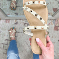 Ivory / 5.5 Embellished Edge Strappy Studded Sandals - kitchencabinetmagic