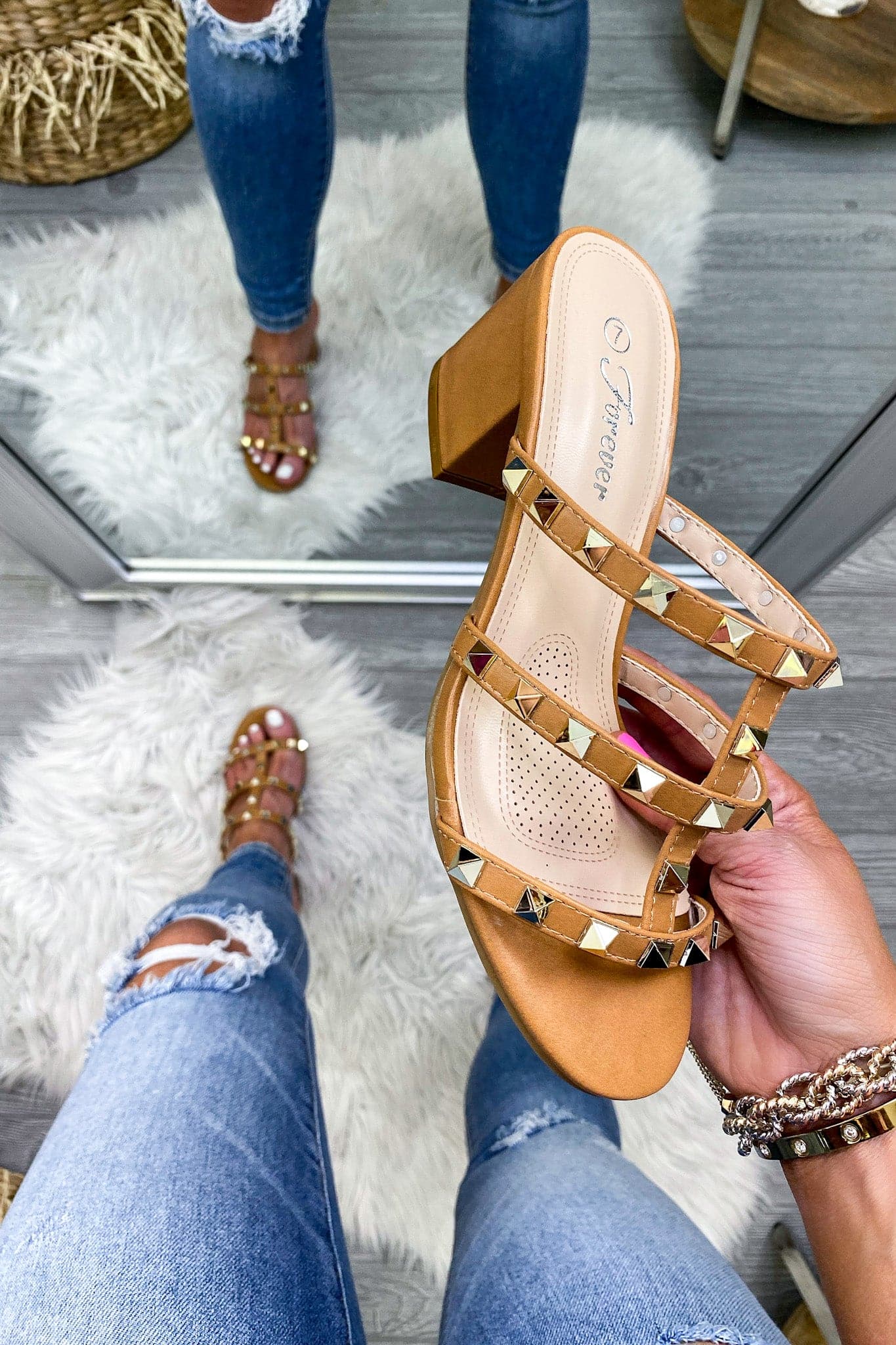 Tan / 5 Trance Studded Heeled Sandals - kitchencabinetmagic