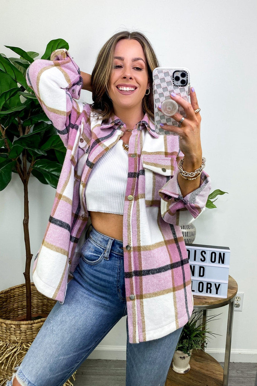 Pink / XS Glance Your Way Plaid Button Down Shacket - PINK - FINAL SALE - kitchencabinetmagic