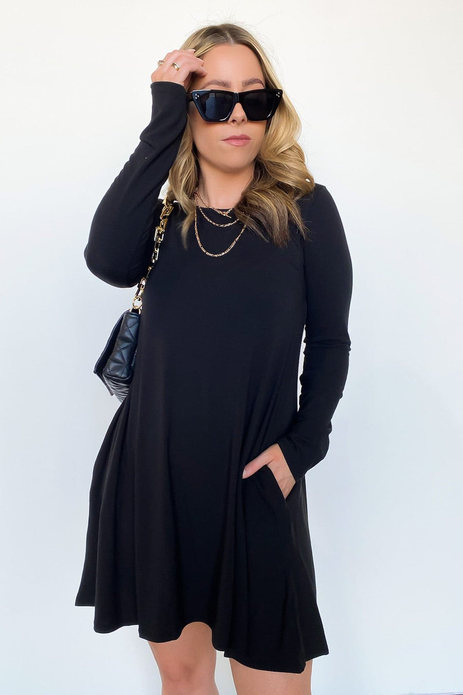 Black / S Adeliza Long Sleeve Swing Tunic Dress - FINAL SALE - kitchencabinetmagic