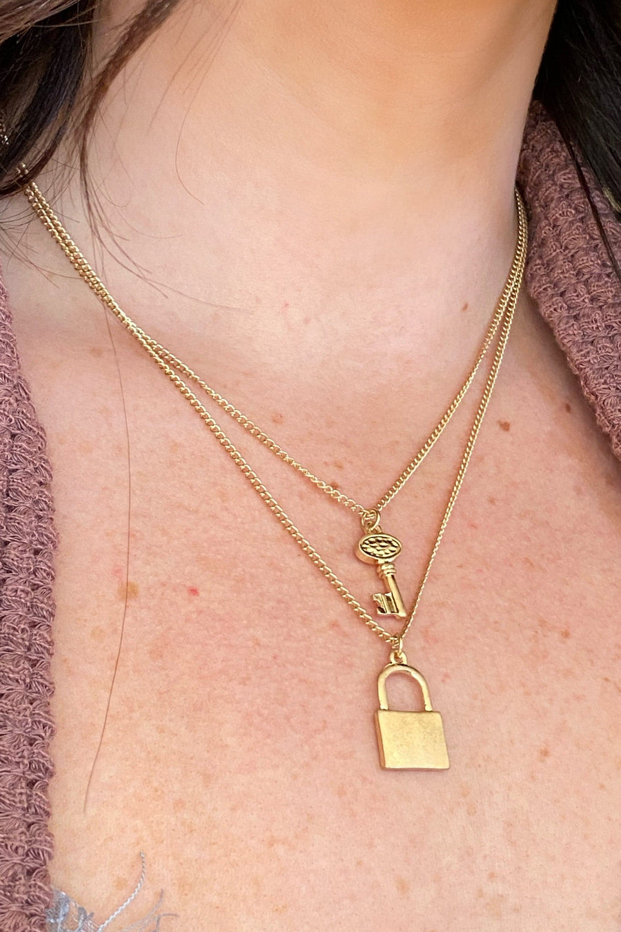 Gold It's a Secret Lock and Key Layered Necklace - kitchencabinetmagic