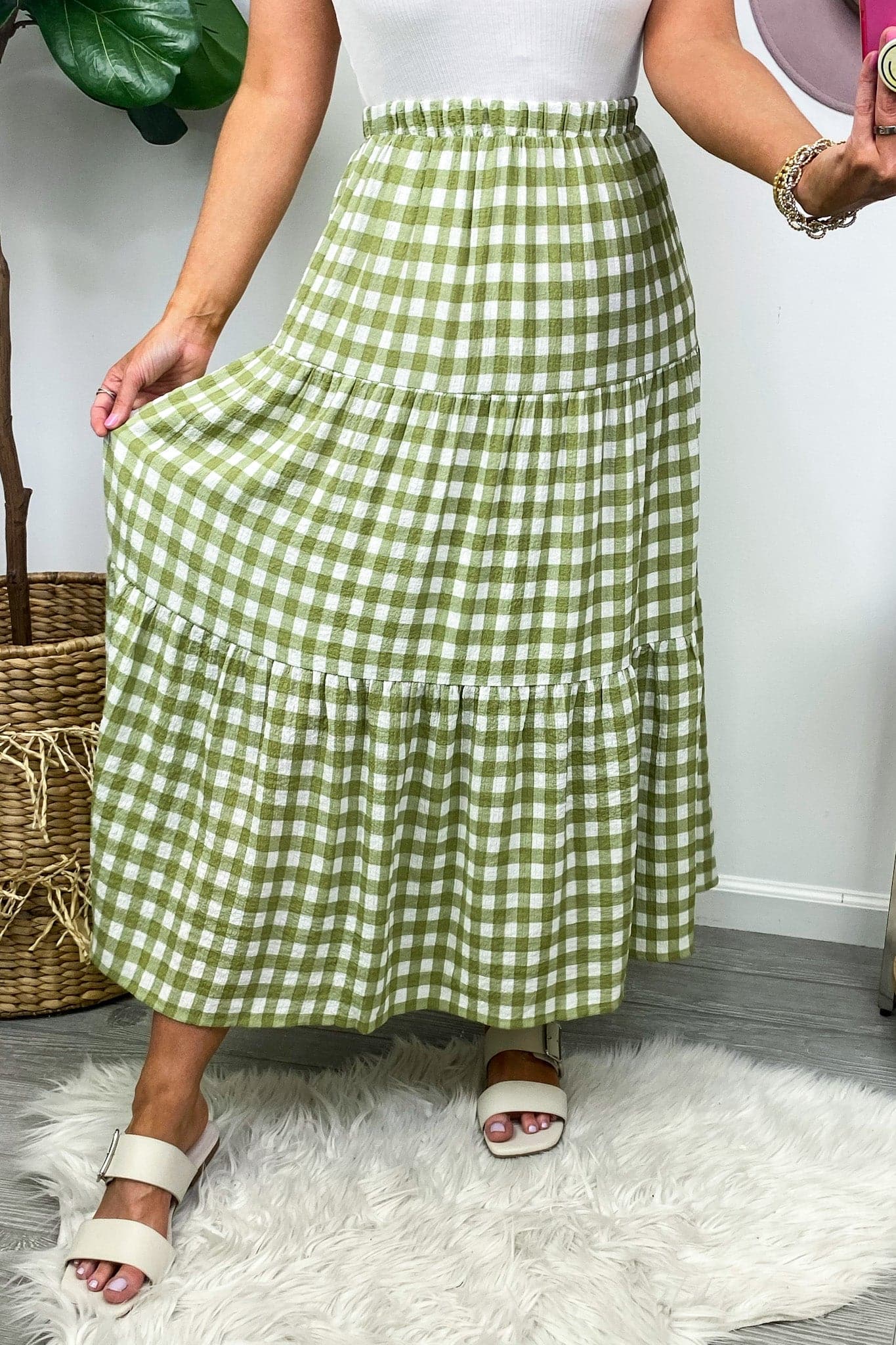 S / Olive Wonderful Memories Gingham Skirt - kitchencabinetmagic
