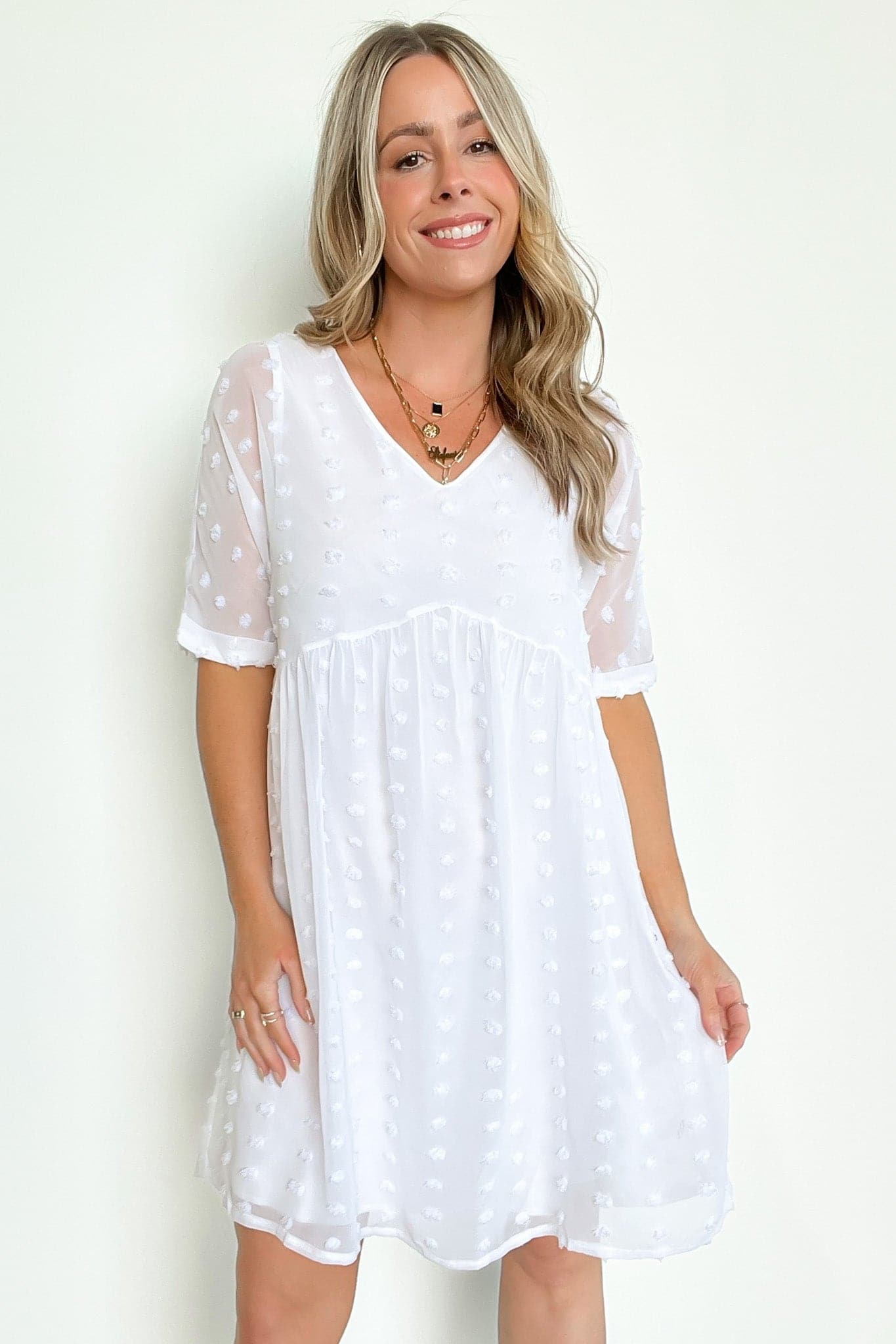White / S Flatter Much V-Neck Swiss Dot Dress | CURVE - BACK IN STOCK - kitchencabinetmagic