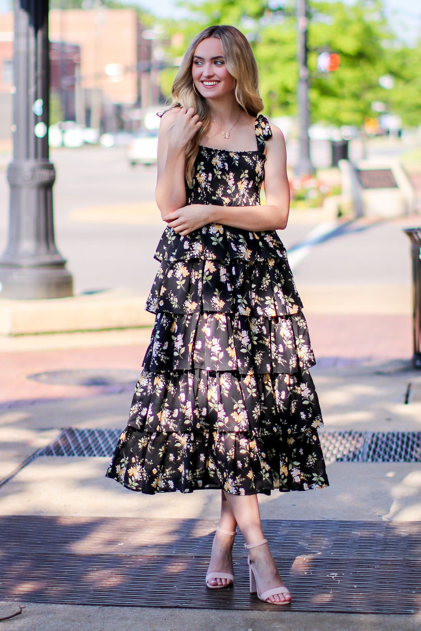 S / Black Folklore Floral Multi Tiered Dress - kitchencabinetmagic