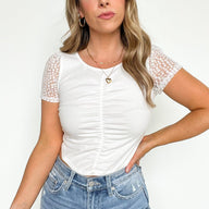  Highly Favored Ruched Mesh Detail Crop Top - kitchencabinetmagic
