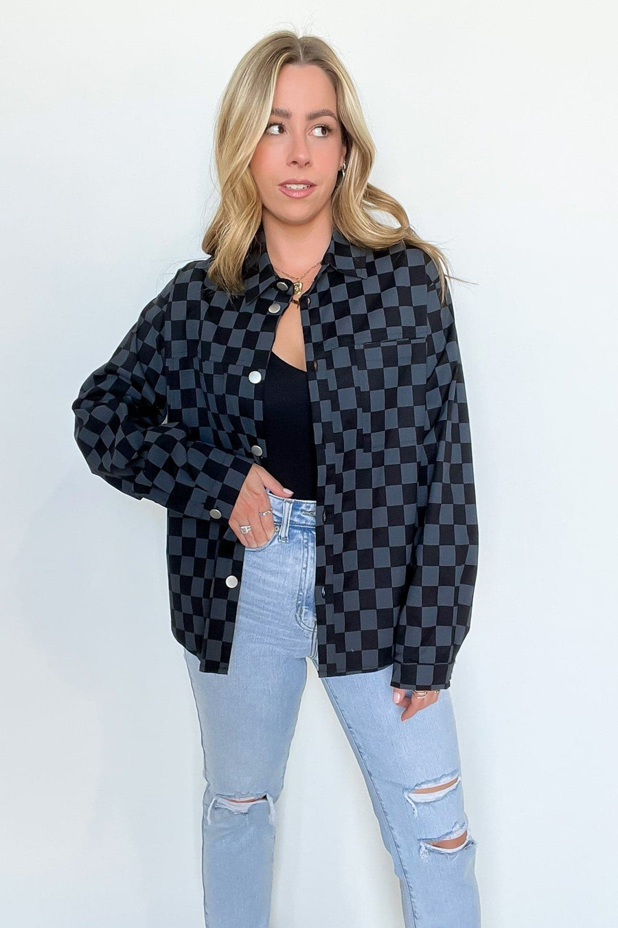 S / Charcoal Checked In Print Button Down Jacket - FINAL SALE - kitchencabinetmagic