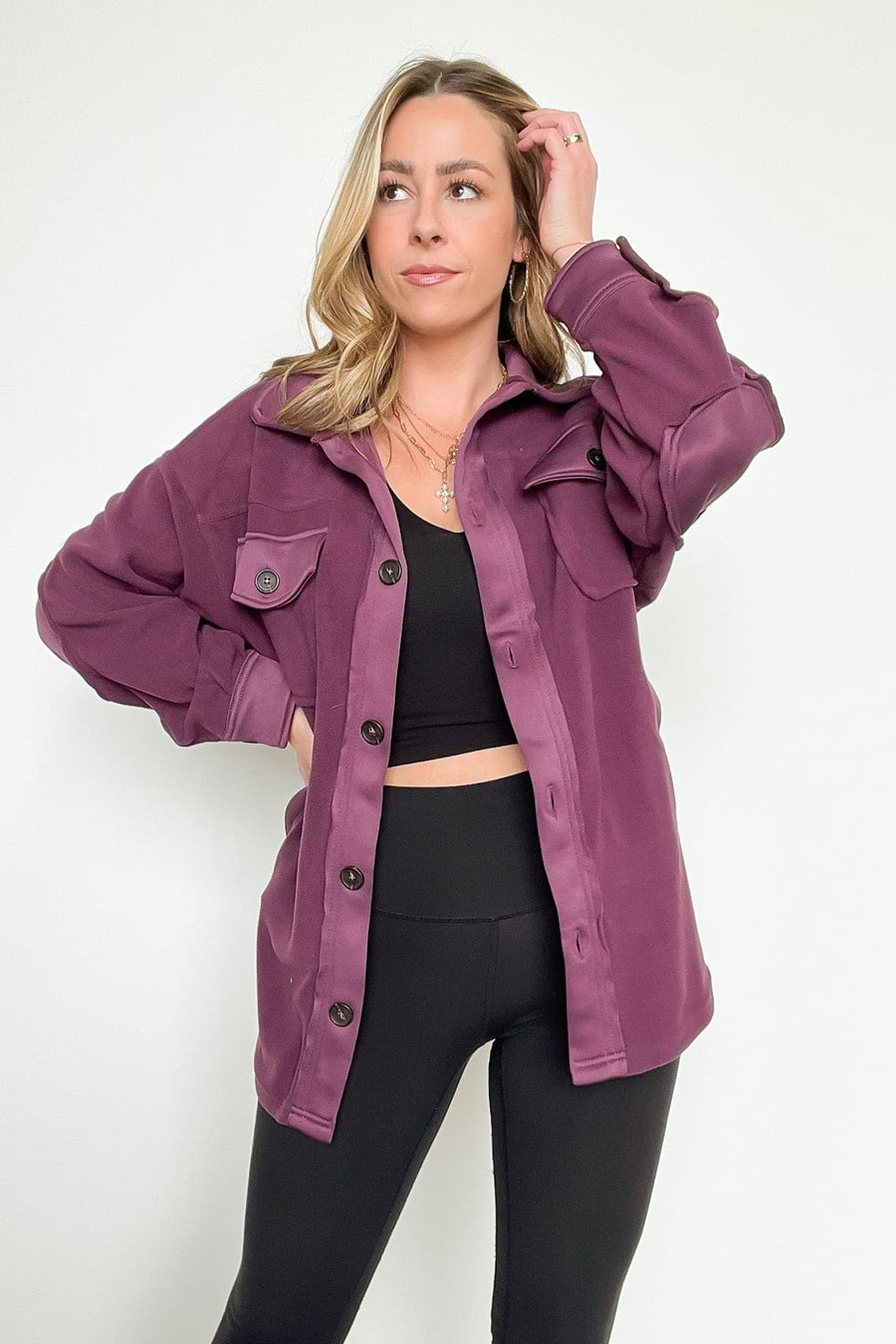 Eggplant / S Jaydah Oversized Contrast Fleece Shacket - kitchencabinetmagic