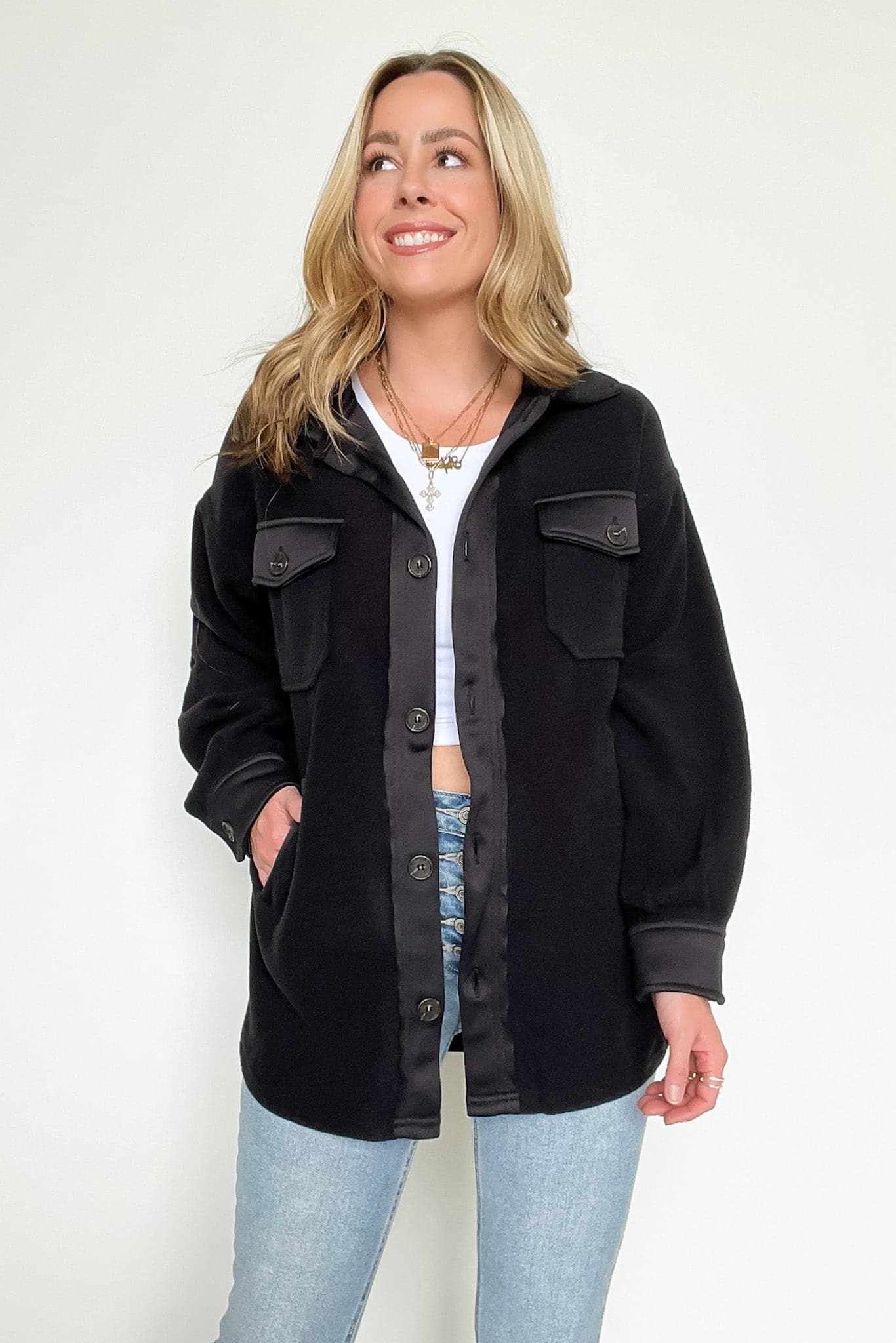 Black / S Jaydah Oversized Contrast Fleece Shacket - kitchencabinetmagic