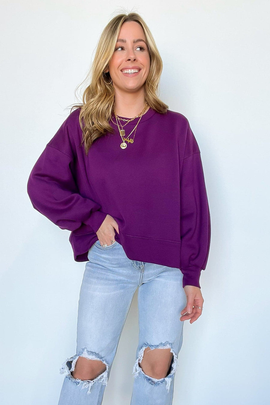 Dark Plum / S Aledo Balloon Sleeve Pullover - FINAL SALE - kitchencabinetmagic