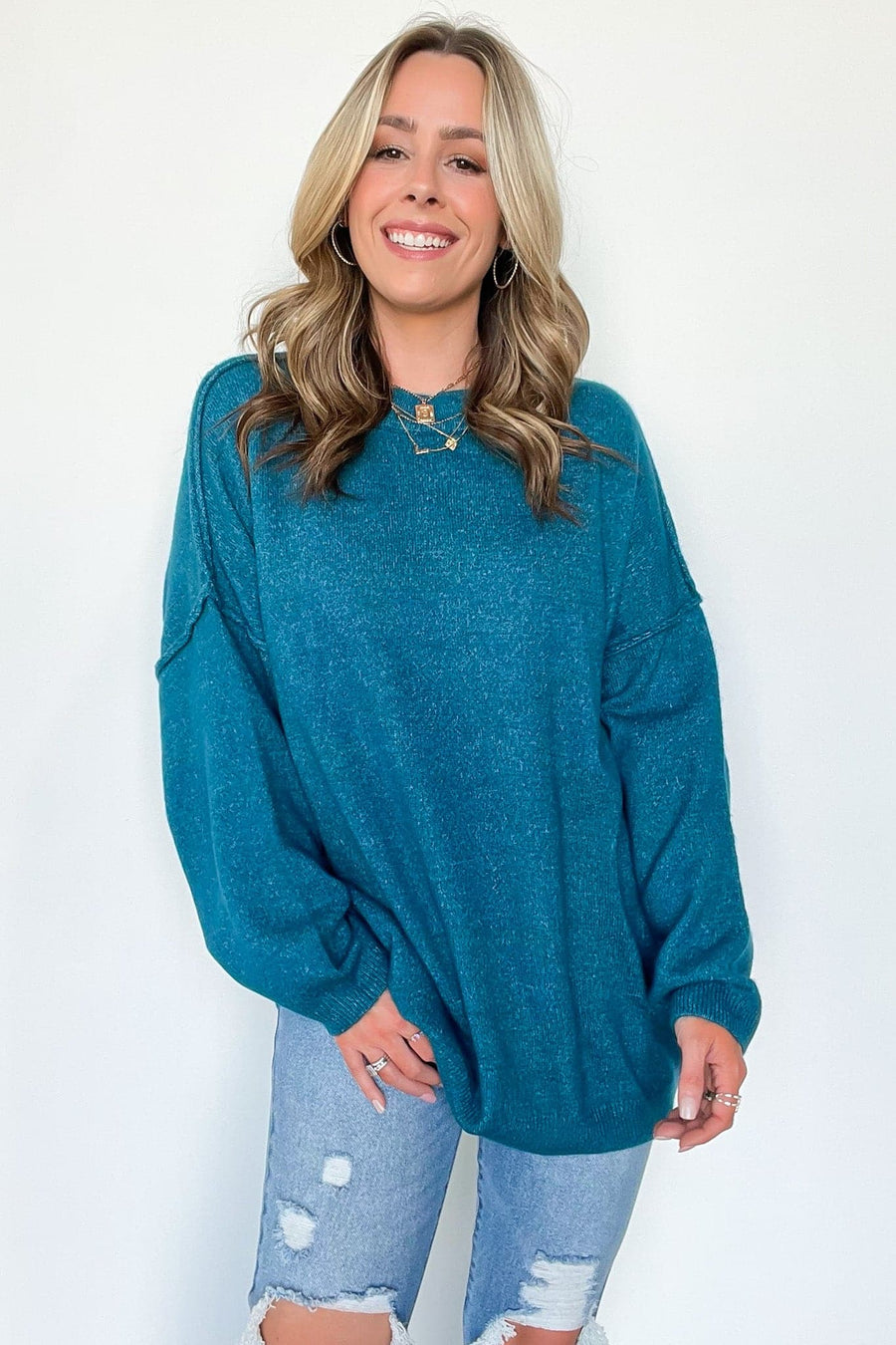 Teal / S Melrose Avenue Relaxed Fit Sweater - FINAL SALE - kitchencabinetmagic