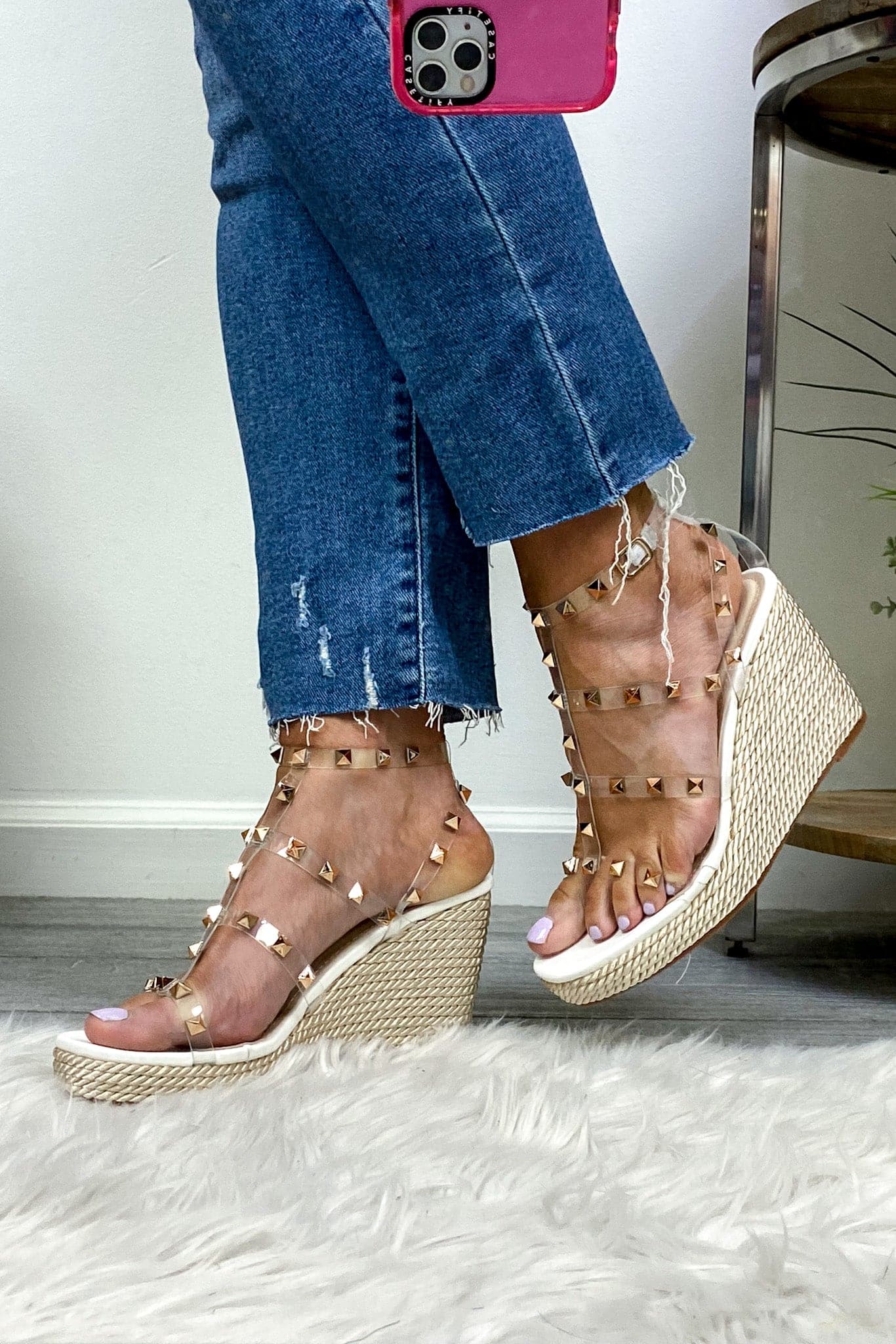 5.5 / Clear Final Step Studded Espadrille Wedges - kitchencabinetmagic