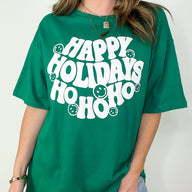 S / Green Happy Holidays HO HO HO Graphic Tee - FINAL SALE - kitchencabinetmagic