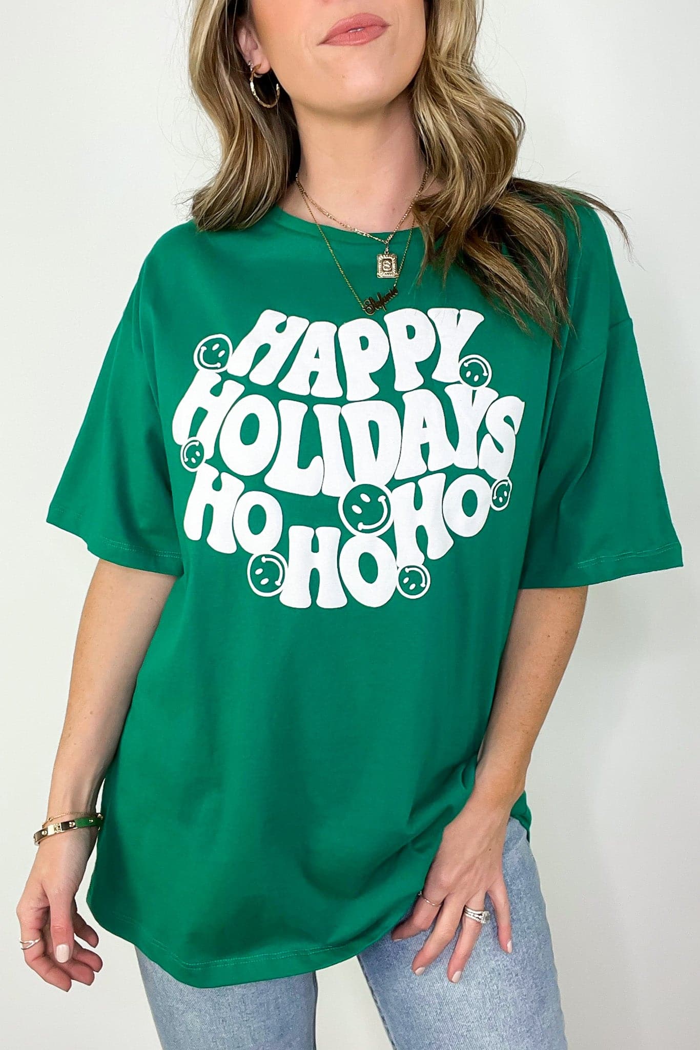 S / Green Happy Holidays HO HO HO Graphic Tee - FINAL SALE - kitchencabinetmagic