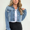  Iconic Hits Raw Hem Cropped Denim Jacket - kitchencabinetmagic