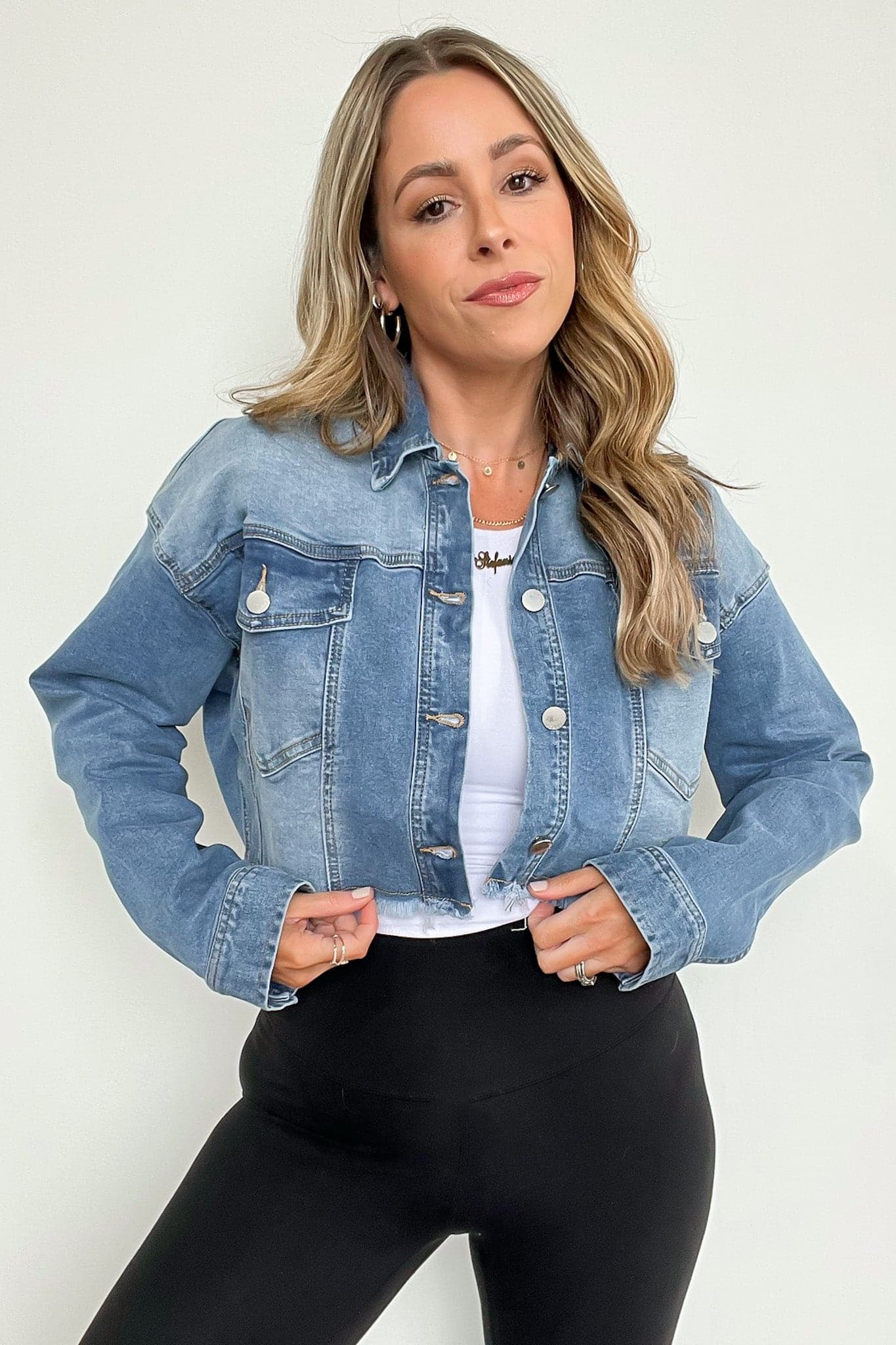  Iconic Hits Raw Hem Cropped Denim Jacket - kitchencabinetmagic