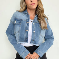  Iconic Hits Raw Hem Cropped Denim Jacket - kitchencabinetmagic