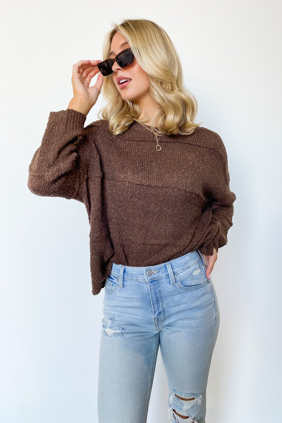 S / Coffee Illustrious Patched Knit Relaxed Fit Sweater - FINAL SALE - kitchencabinetmagic