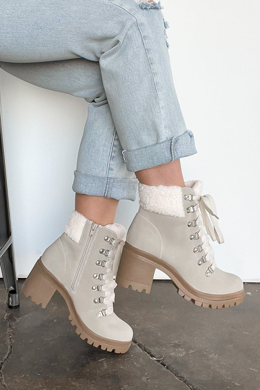 Sand / 5 In Step Sherpa Heeled Boots - FINAL SALE - kitchencabinetmagic