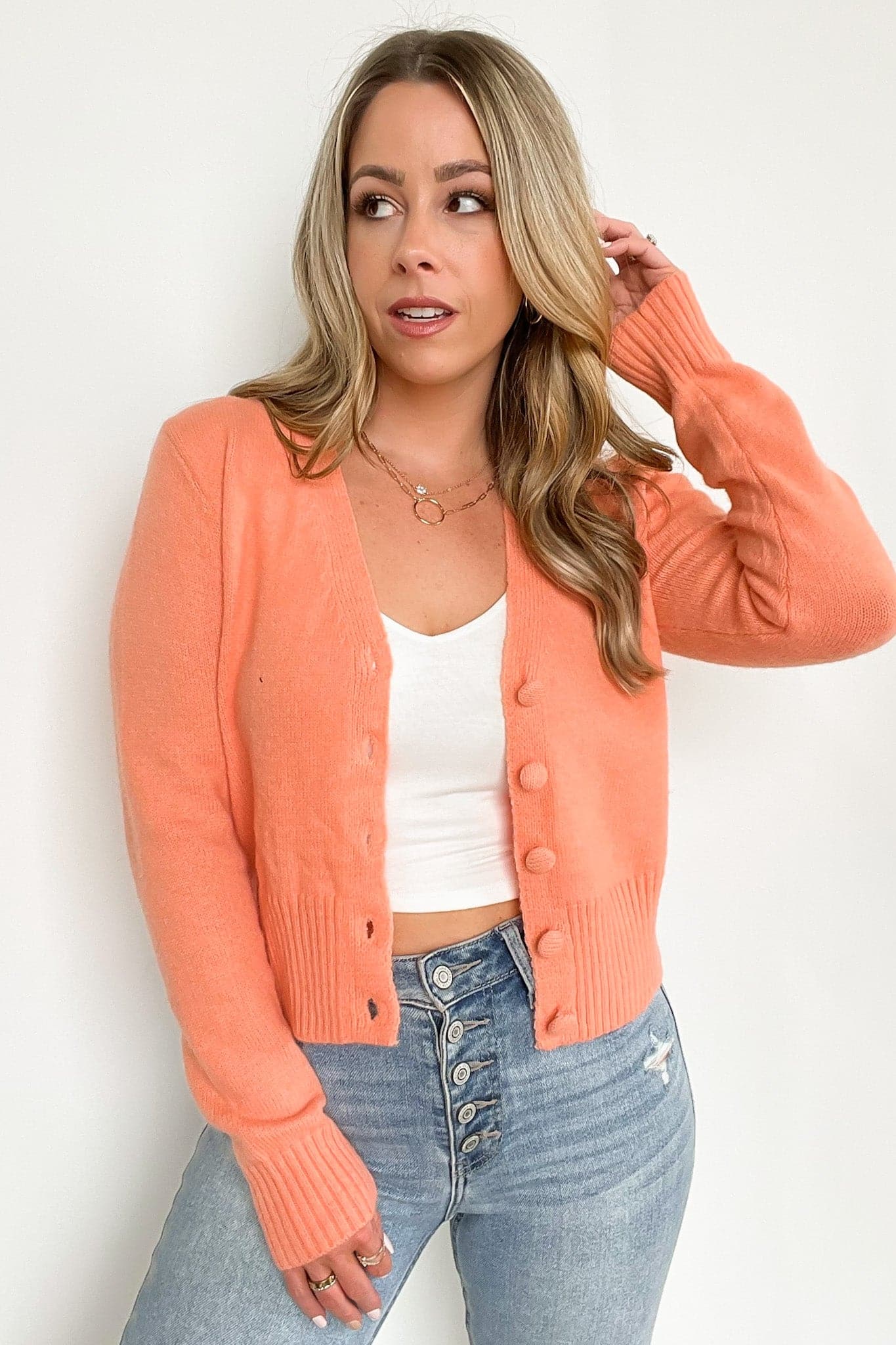 S / Apricot Jasiah Fuzzy Knit Button Down Sweater - kitchencabinetmagic