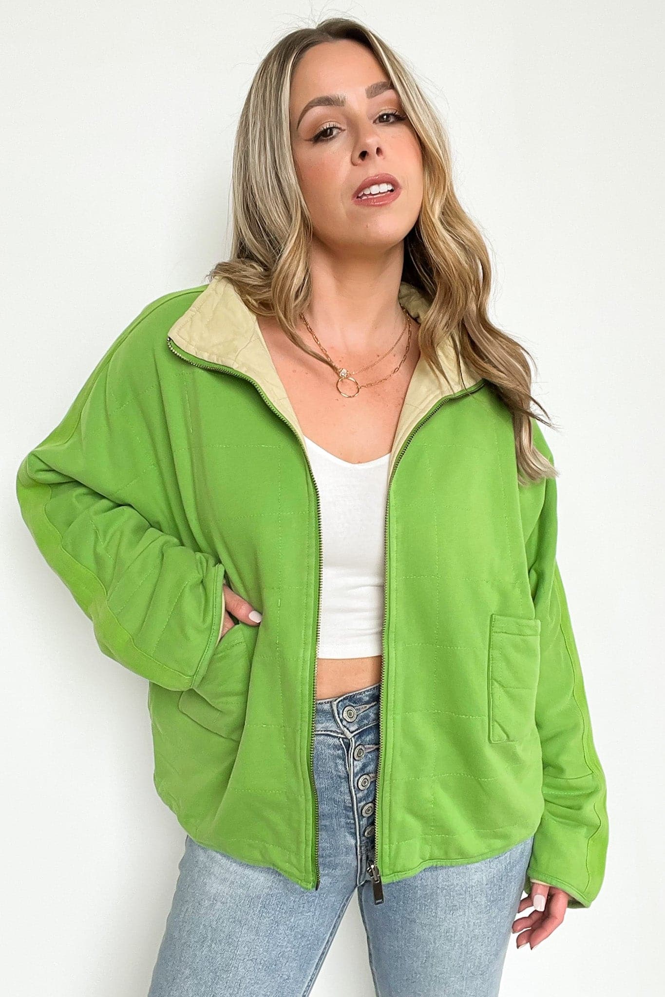S / Kelly Green Jeannie Long Sleeve Quilted Reversible Zip Jacket - kitchencabinetmagic