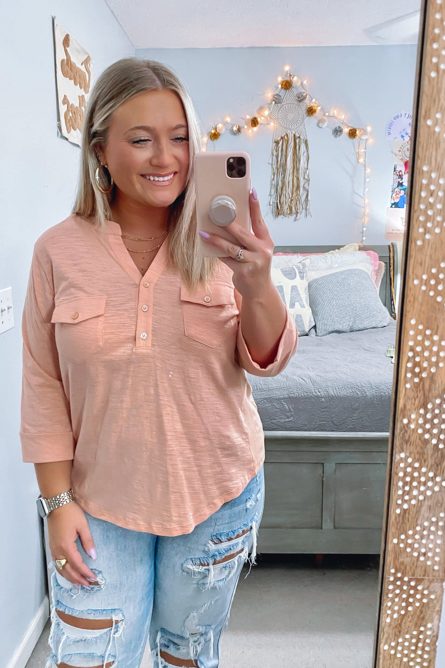 S / Peach Jessyka Slub Knit V-Neck Button Top - FINAL SALE - kitchencabinetmagic