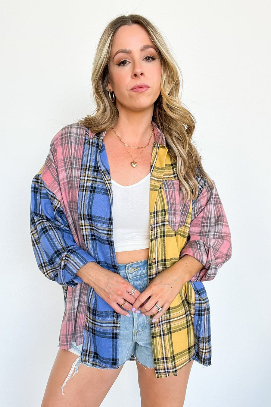  Kacee Color Block Plaid Button Down Top - BACK IN STOCK - kitchencabinetmagic