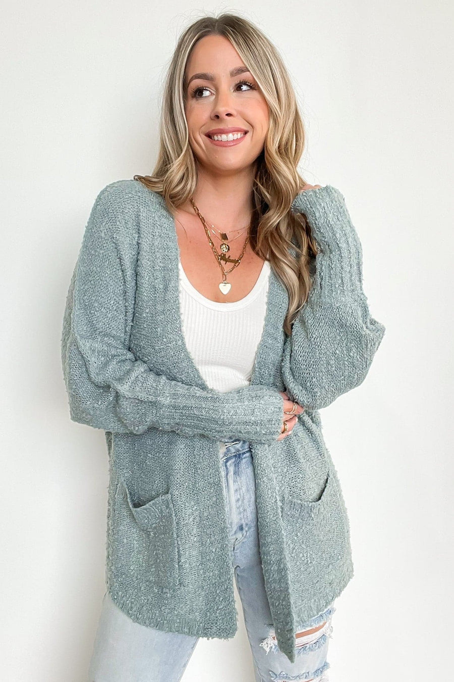 Sage / S Kassadee Textured Knit Pocket Cardigan - kitchencabinetmagic