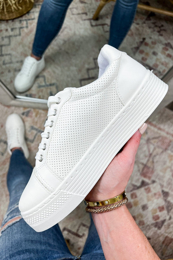 5.5 / White Kaylon Perforated Lace Up Sneakers - angrybureaucrat